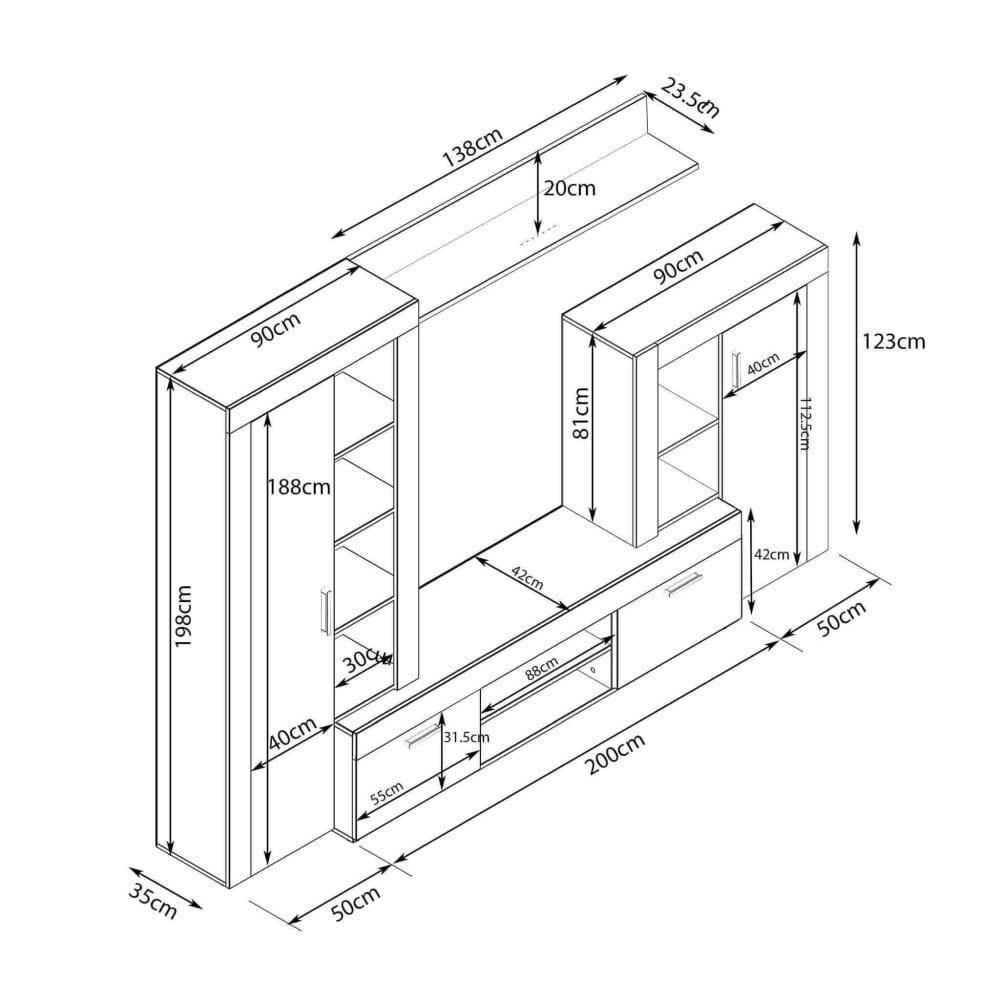 Parete Attrezzata per Soggiorno in Truciolare cm 259x40x180 – ALTON