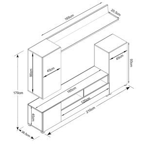 Parete Attrezzata per Soggiorno in Truciolare cm 210×36,5×170 – WALLACE