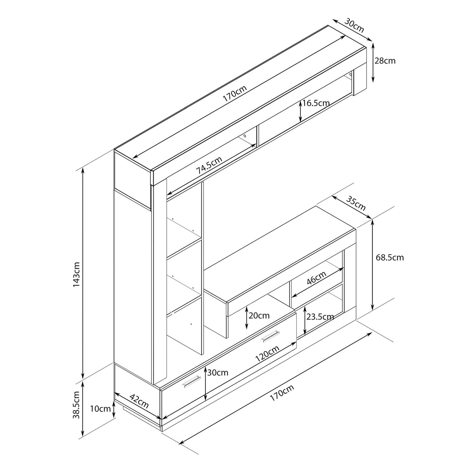 Parete Attrezzata per Soggiorno in Truciolare cm 185x40x90 – GABE