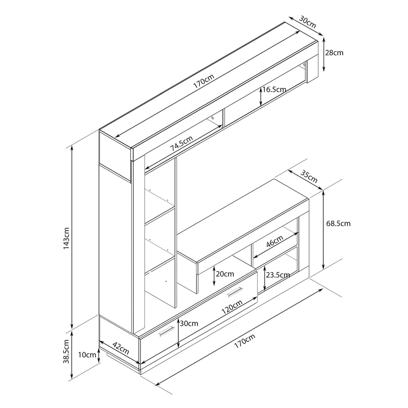 Parete Attrezzata per Soggiorno in Truciolare cm 185x40x90 – GABE