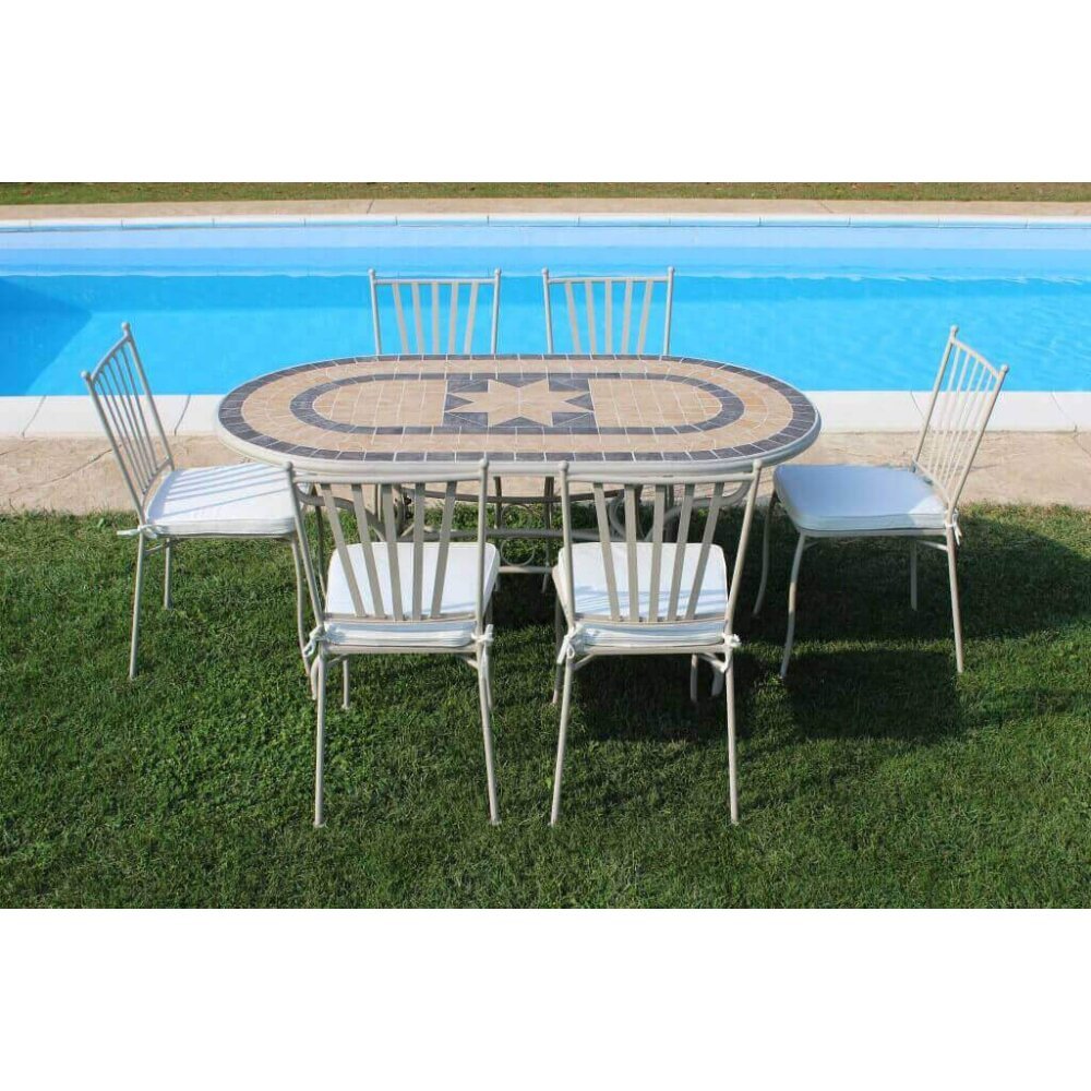 NEVIL – set tavolo da giardino con sedie con piano in mosaico 160×90