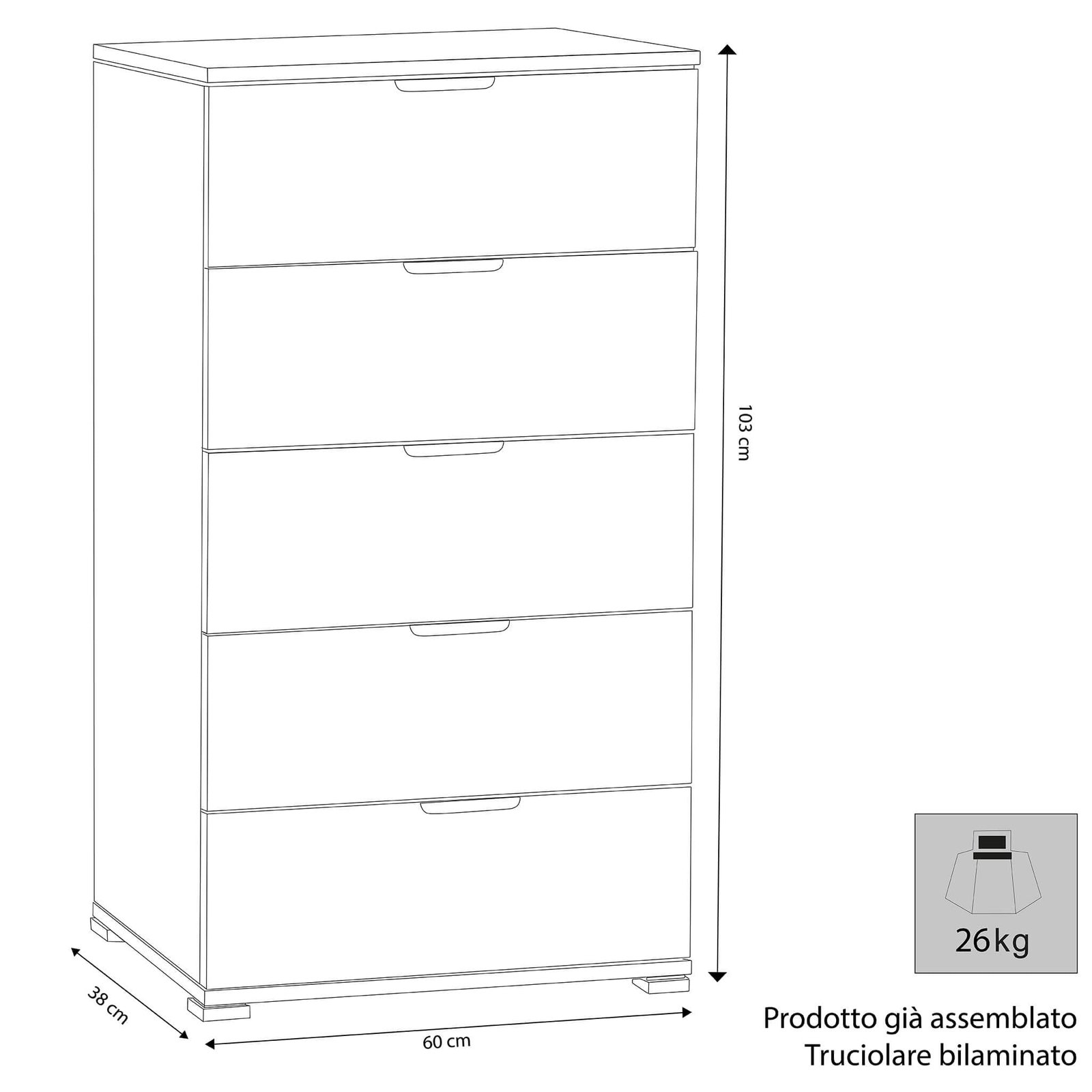 Cassettiera 5 cassetti in Truciolare cm 60x38x103 – CLIFF
