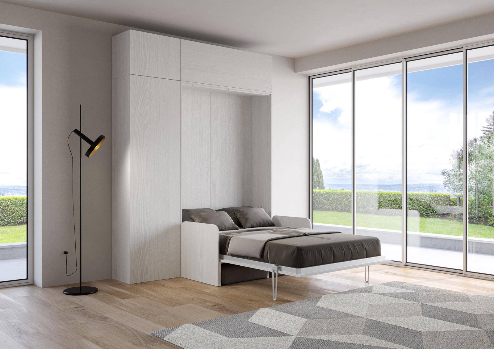 Letto una piazza e mezza a scomparsa 120 verticale con divano con colonna e pensili – KENTARO