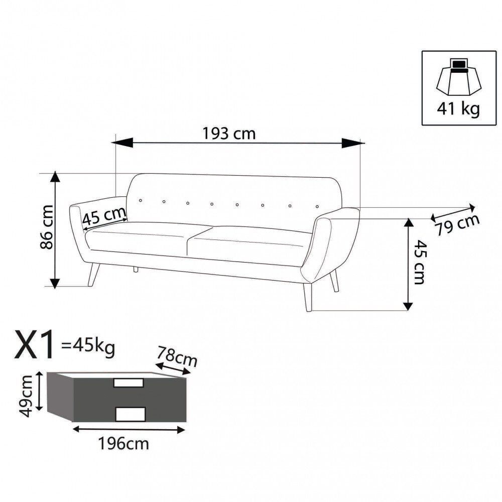 Divano tre posti Scandinavo in Tessuto cm 193x79x86 – SILENTE