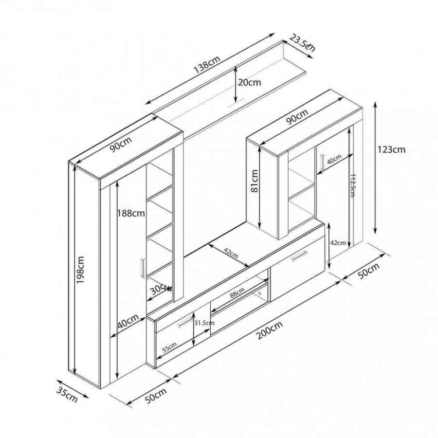 Parete Attrezzata per Soggiorno in Truciolare cm 259x40x180 – ALTON
