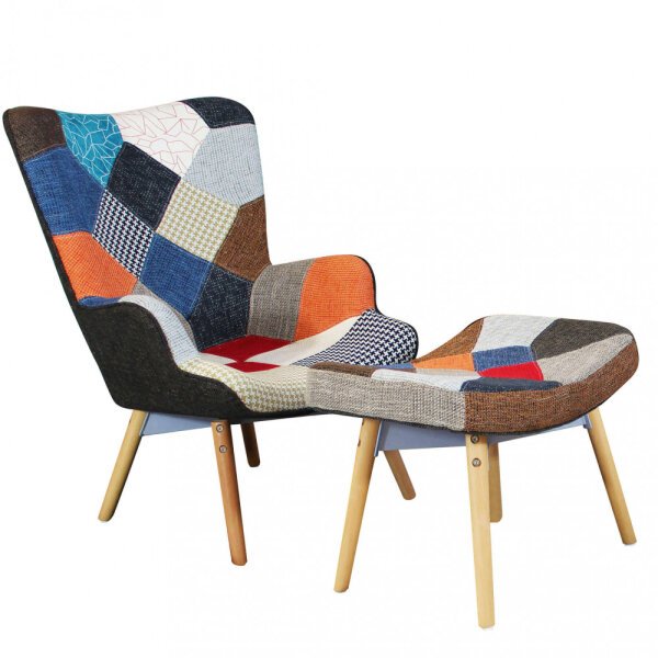 Poltrona con poggiapiedi Patchwork Svandinava in Legno,Acciaio,Tessuto cm 75x69x91,5 – TYRESE
