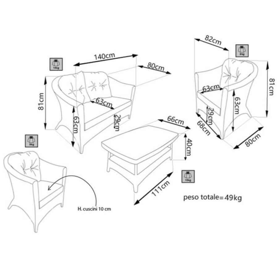 Salotto da Giardino con cuscini 4 posti in Alluminio,Wicker – BRODY