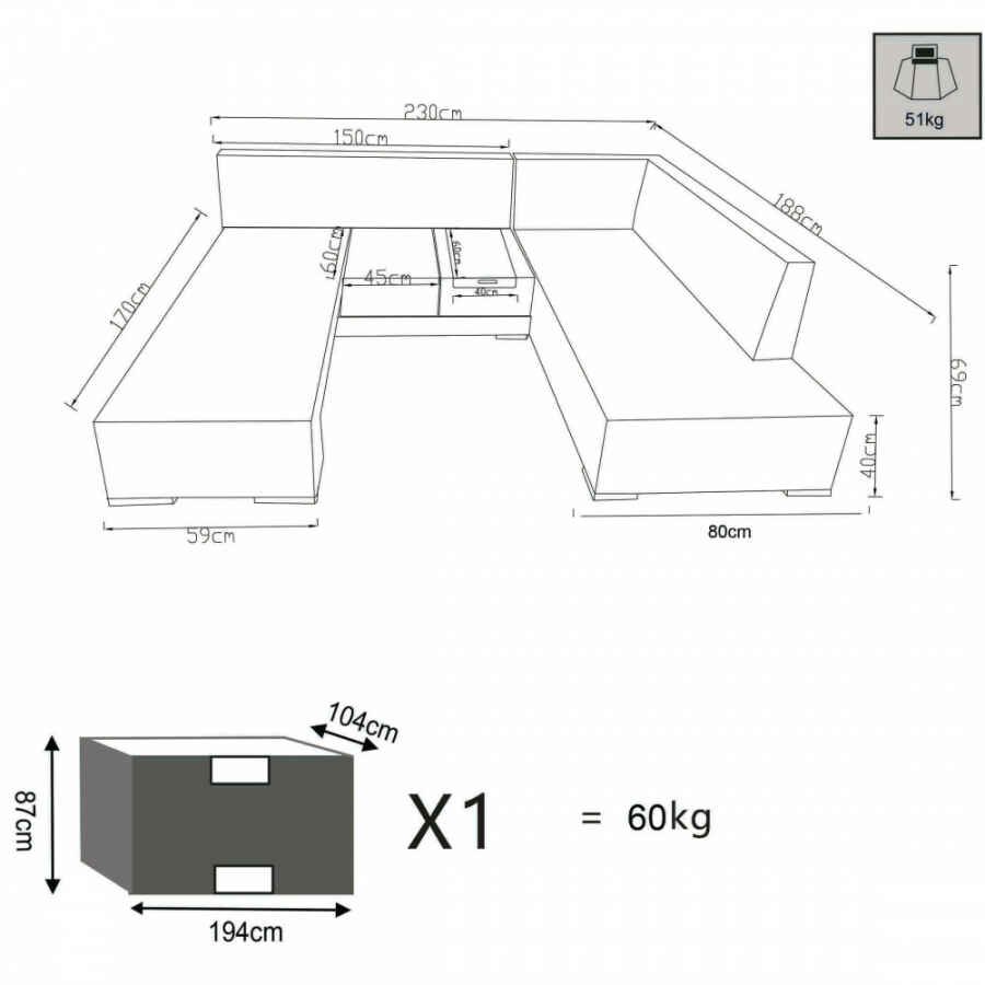 Divano da Giardino angolare con tavolino in Alluminio,Poliestere cm 150x78x69 – FORD