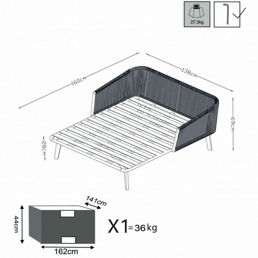 Divano Letto da Giardino con cuscini in Alluminio,Corda cm 160x139x70 – RANULPH