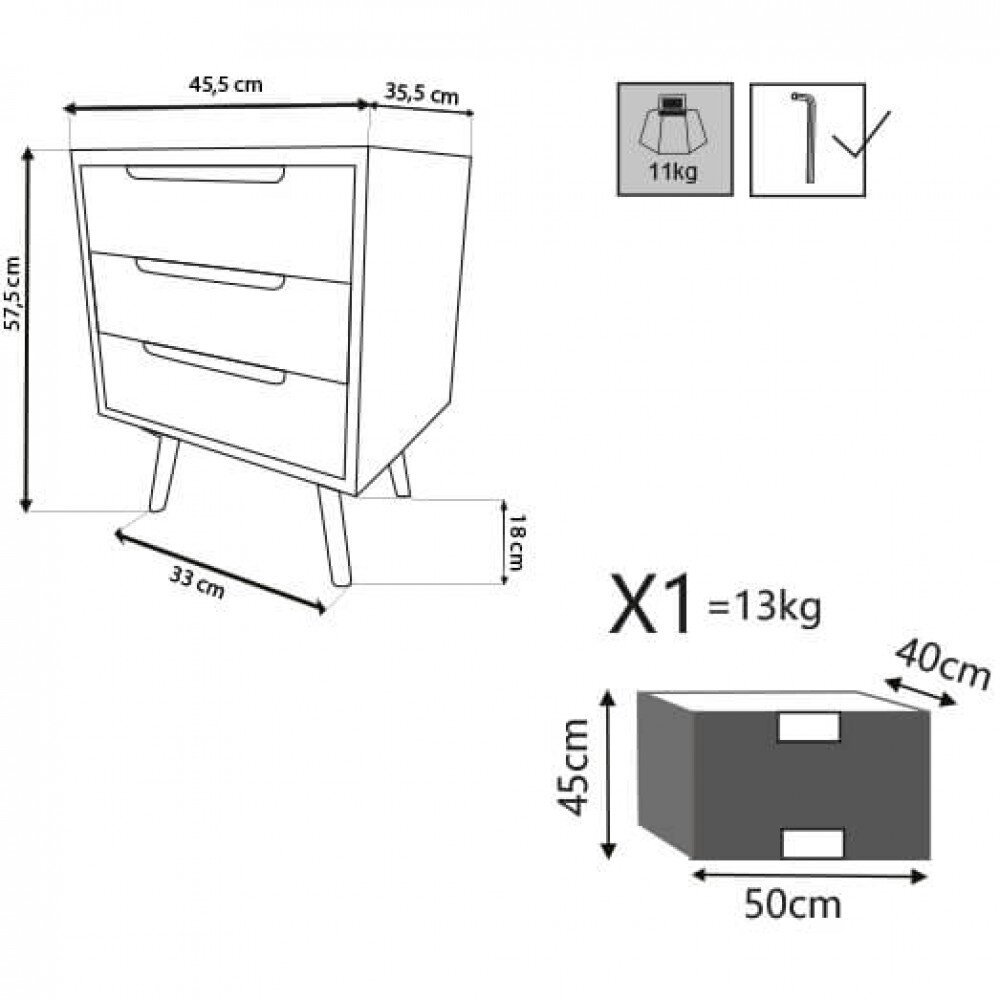 Mobiletto 3 cassetti in Legno cm 45,5×35,5×40 – TYRRELL