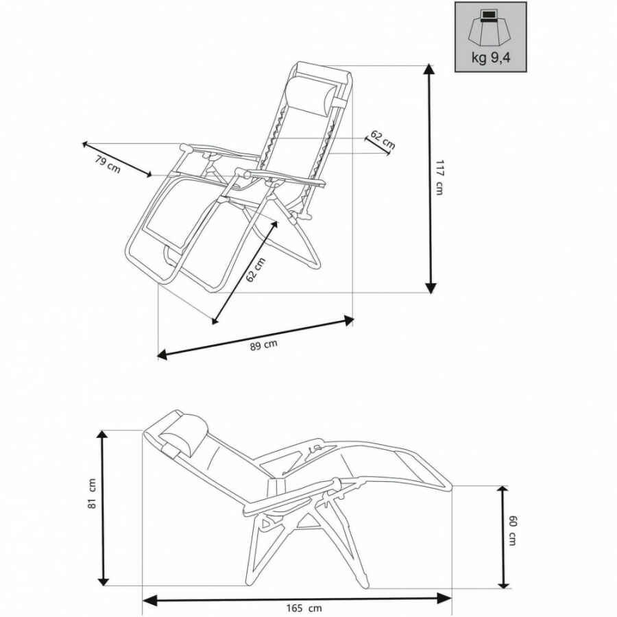 Sdraio Pieghevole xl in Oxford,Acciaio cm 97x78x115 – ZERO GRAVITY