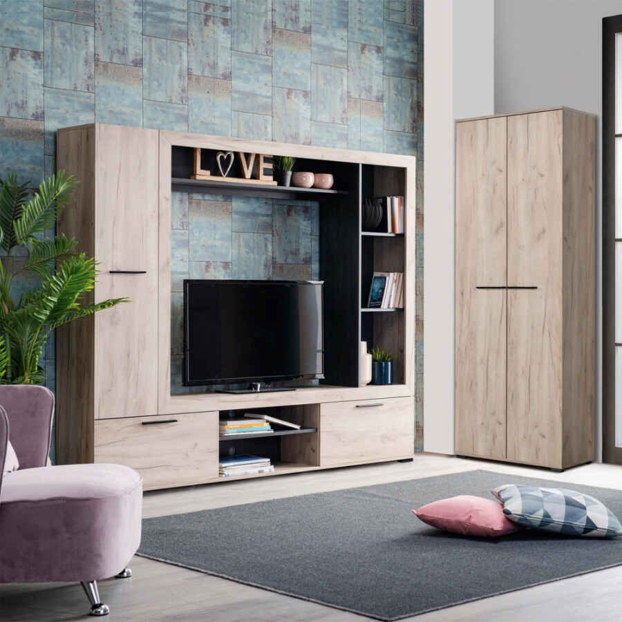 parete attrezzata porta tv con armadio moderna minimal in legno cm 195,6 x 35,2 x 169,6 h – CALLE