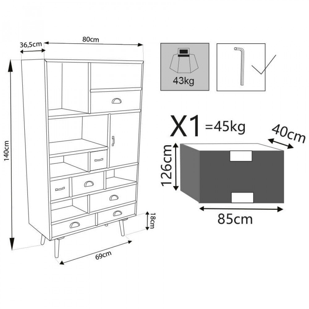 Mobiletto 6 ripiani 1 anta 7 cassetti in Legno cm 80×36,5×121 – MANNY