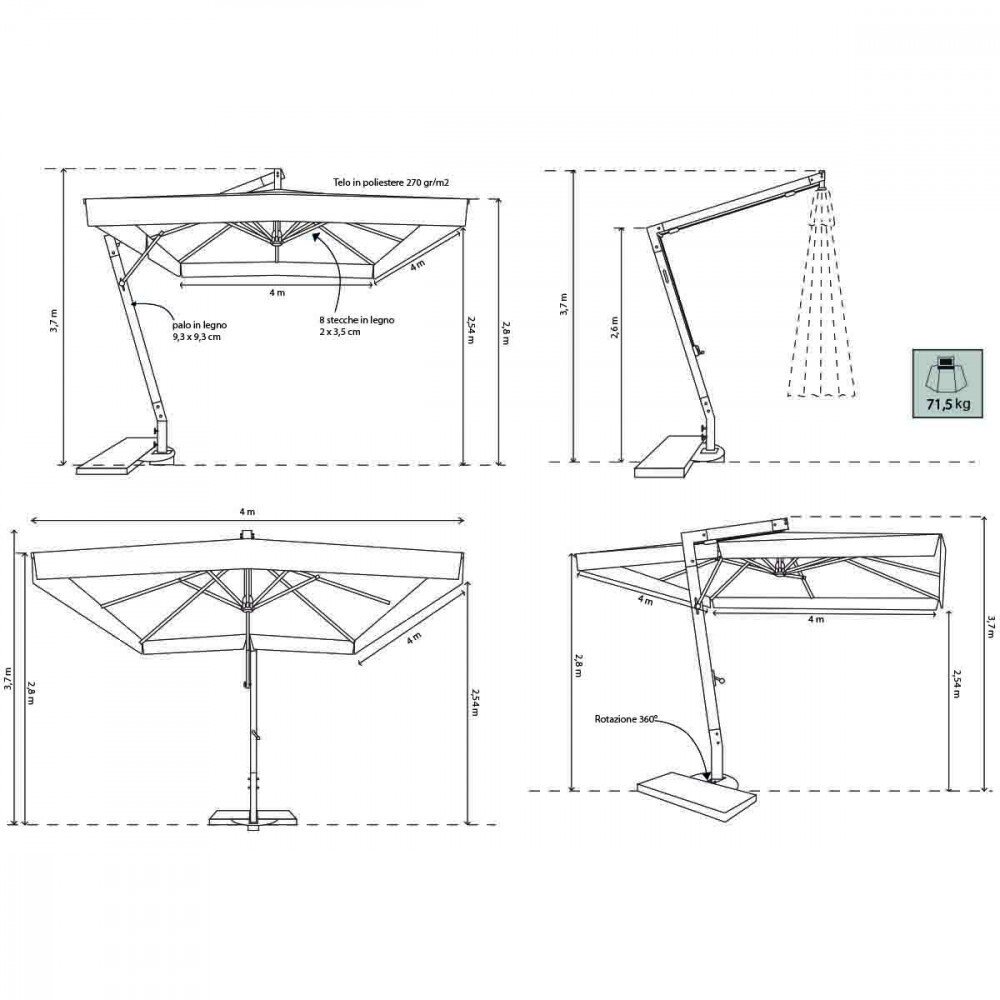 Ombrellone da Giardino decentrato 3×3 in legno,poliestere – BRENTA