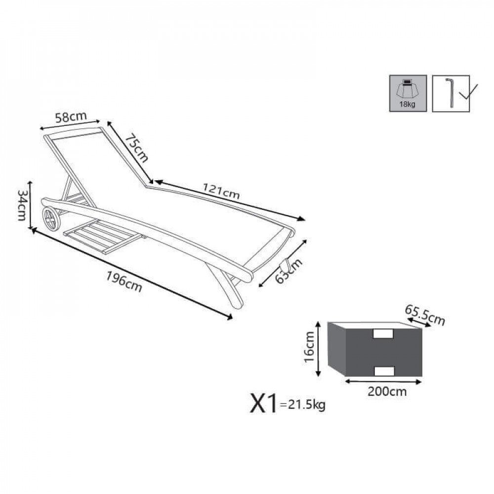 Lettino prendisole Legno con ruote in Legno,Textilene,Acacia cm 196x63x38 – MYRON