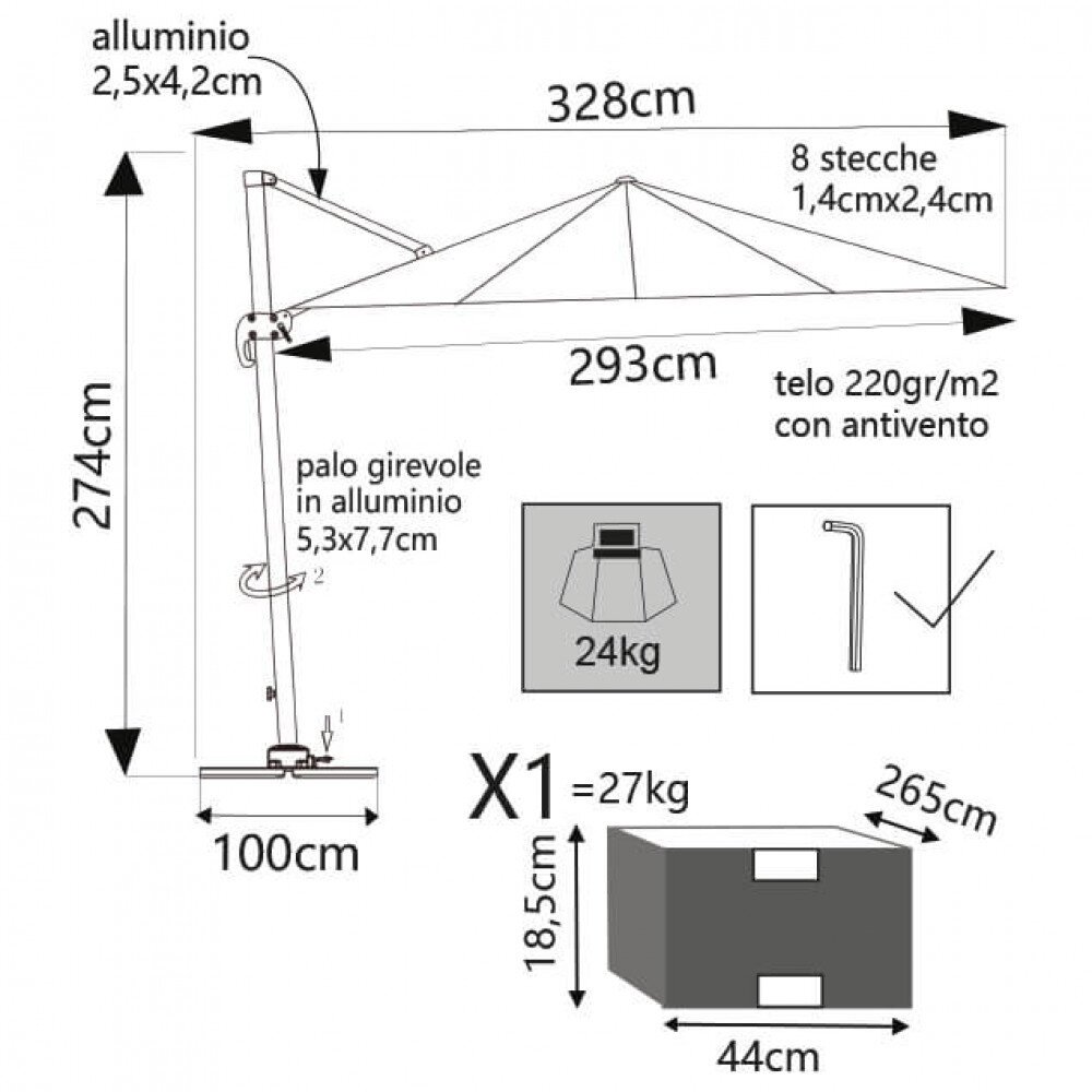 Ombrellone da Giardino decentrato 3×4 in alluminio,poliestere – IVAN