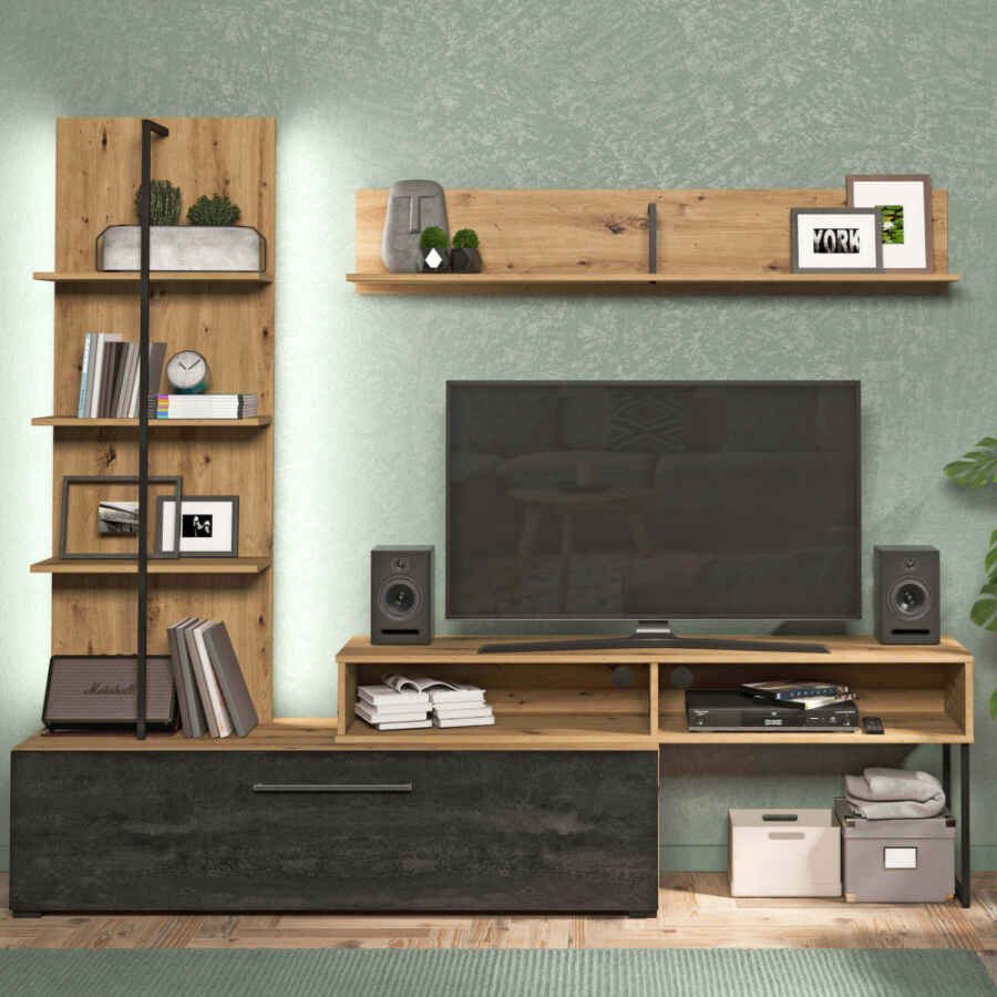parete attrezzata con anta e mensola moderna minimal in legno cm 205 x 41,5 x 173 h – BOSTIC