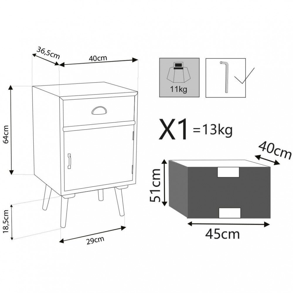 Mobiletto 1 anta 1 cassetto in Legno cm 40×36,5×46 – LUCAS