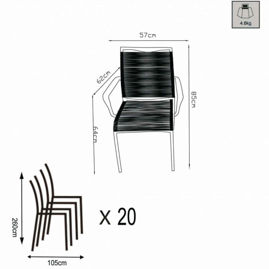 Poltrona da Giardino Impilabile in Alluminio,Corda cm 55x60x87 – WALTER