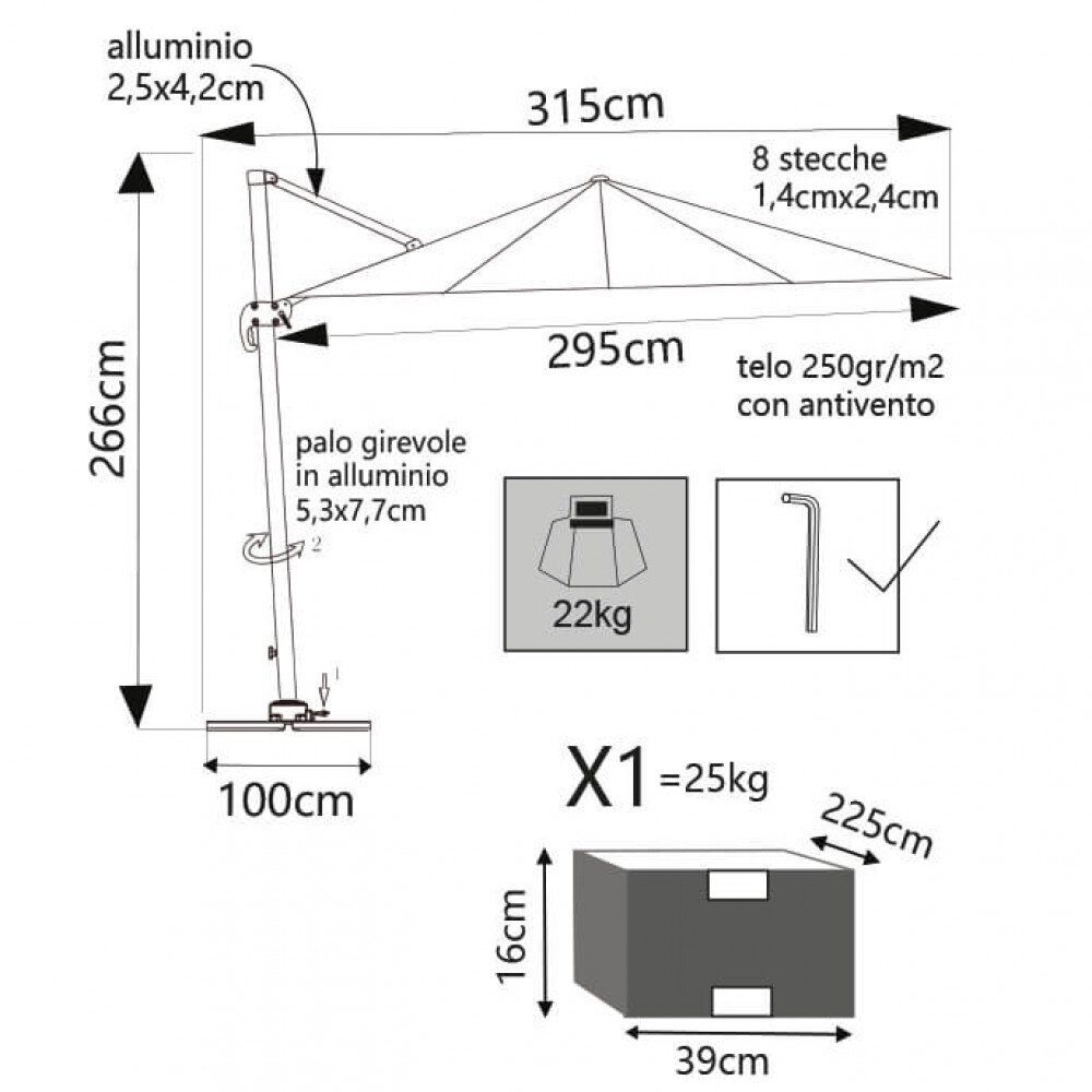 Ombrellone da Giardino decentrato 3×3 in alluminio,poliestere – IVAN