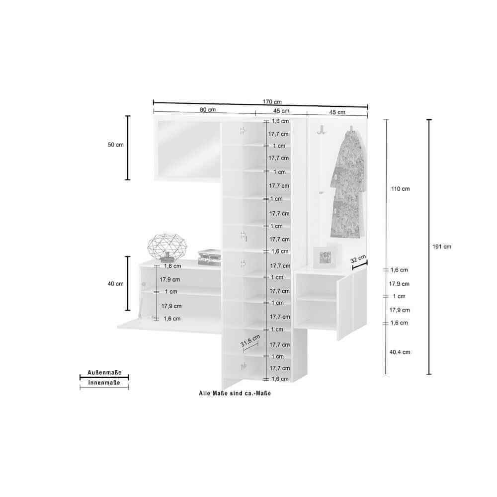 Mobile da ingresso con specchio armadietto e appendiabiti 170x35x191cm – PHOENIX