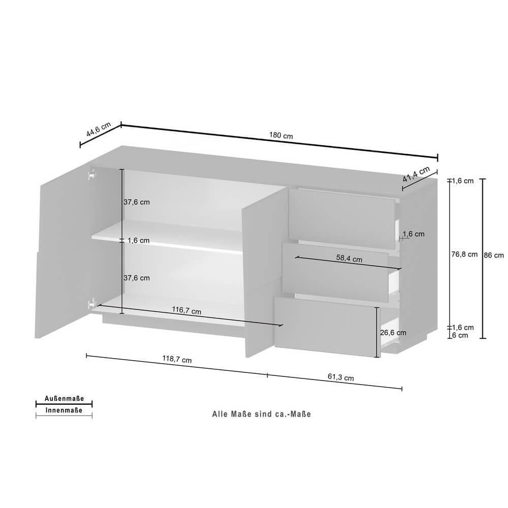 Madia moderna 2 ante e 3 cassetti 180x44x86cm – INFINITY