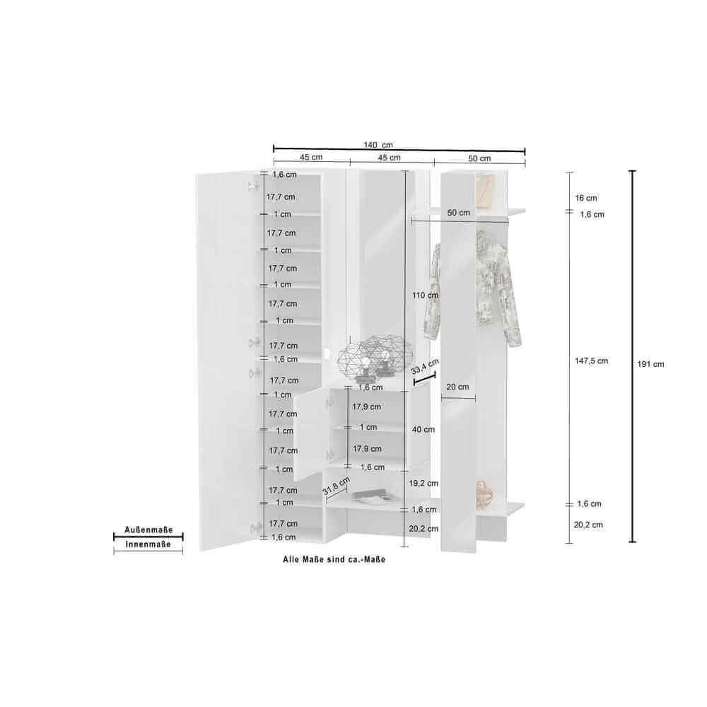 Mobile da ingresso con specchio armadietto e appendiabiti 140x35x191cm – PHOENIX