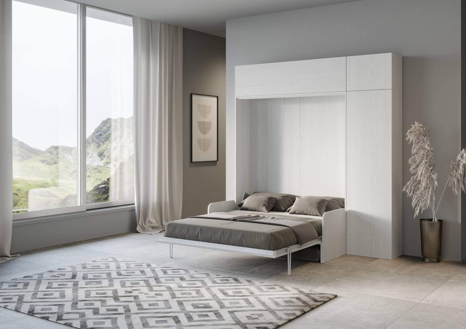 Letto matrimoniale a scomparsa 160 verticale con divano con colonna e pensili – KENTARO