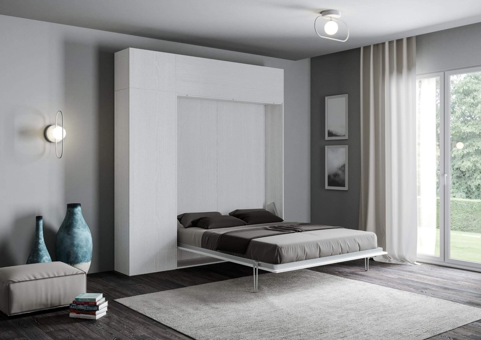 Letto una piazza e mezza a scomparsa 120 verticale con colonna e pensili – KENTARO