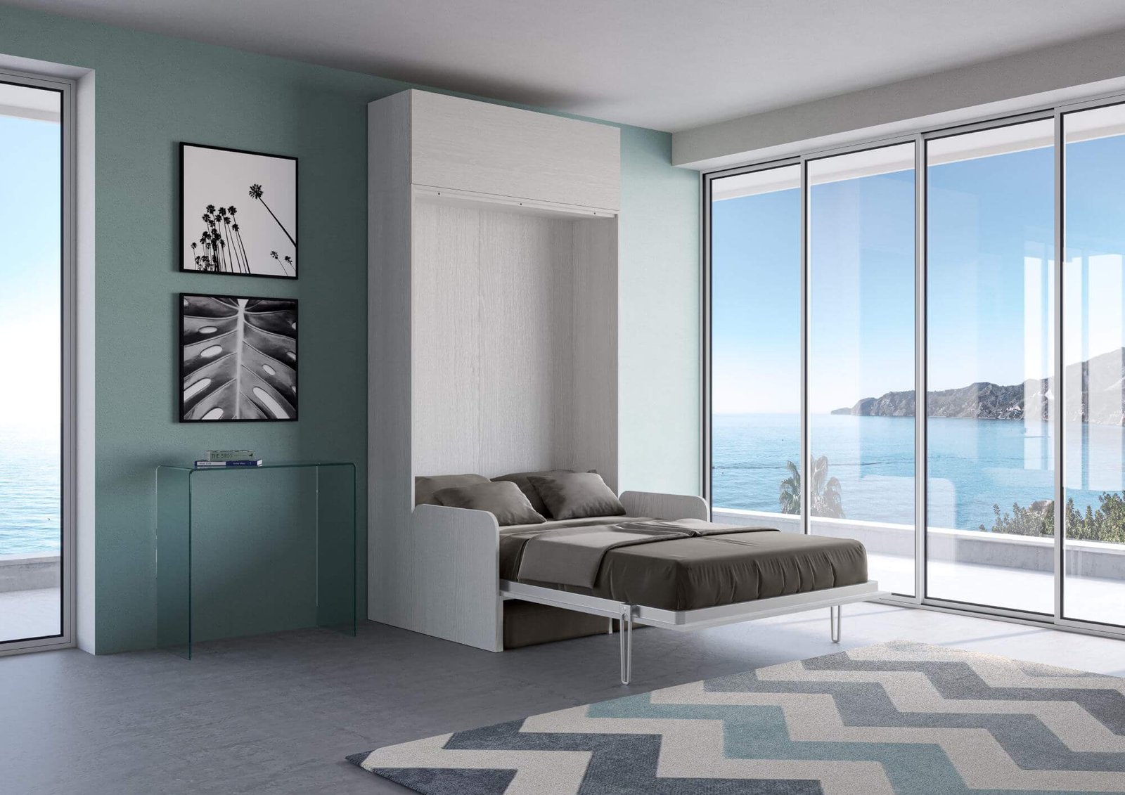 Letto una piazza e mezza a scomparsa 120 verticale con divano con pensile vasistas – KENTARO