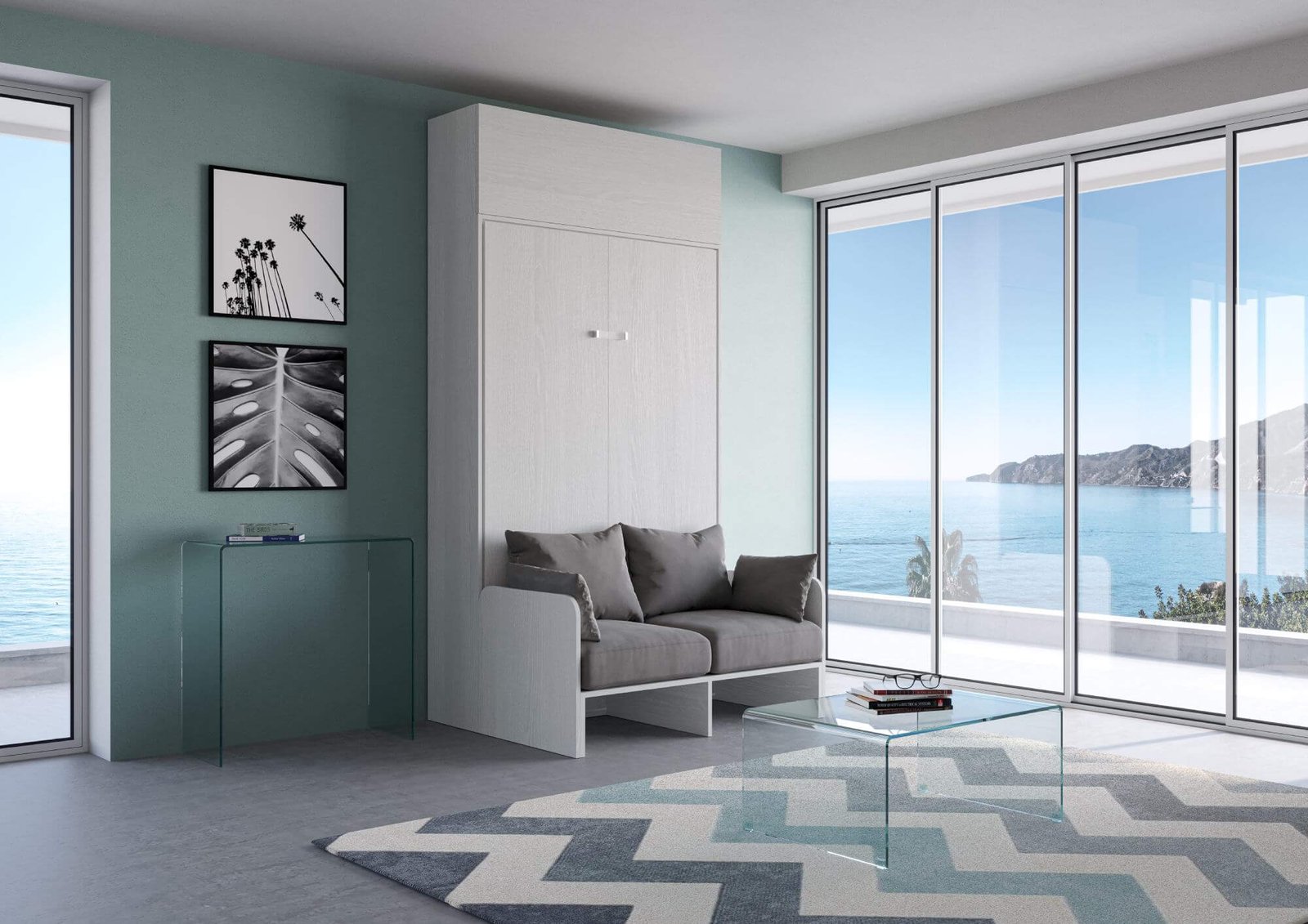 Letto una piazza e mezza a scomparsa 120 verticale con divano con pensile vasistas – KENTARO