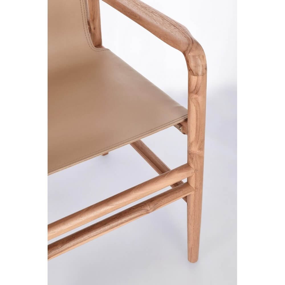 Sedia con braccioli in teak e vera pelle – PENELOPE
