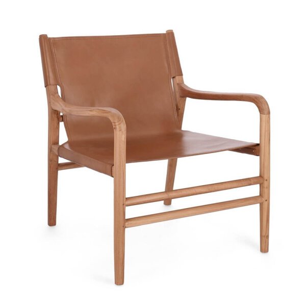 Poltrona Lounge con braccioli in teak e vera pelle – PENELOPE