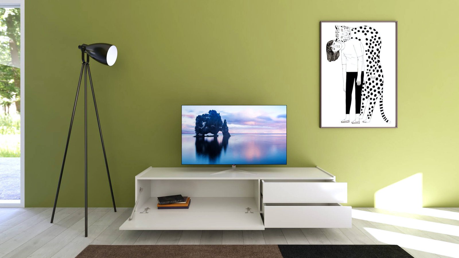 Porta TV 1 ribalta 2 cassetti 160x42x40 cm – SOLARIA