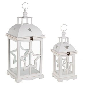 Set di 2 Lanterne Isa in Legno Bianco con Stella Decorativa (2 Pezzi)
