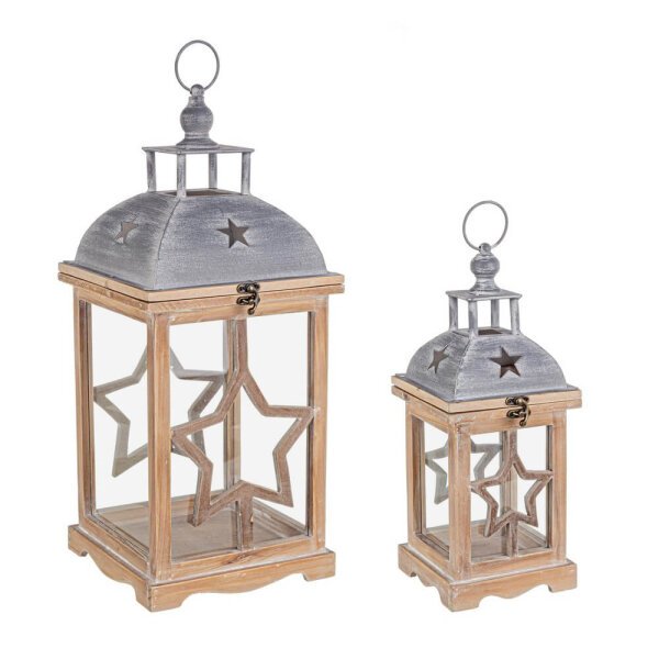 Set di 2 Lanterne Isa in Legno Naturale con Stella Decorativa (2 Pezzi)