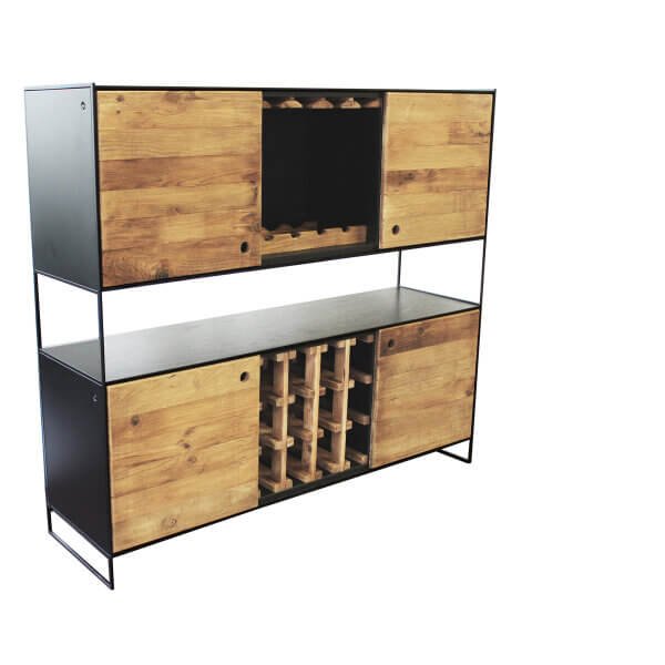 Credenza industrial con portabottiglie in pino riciclato – PINE