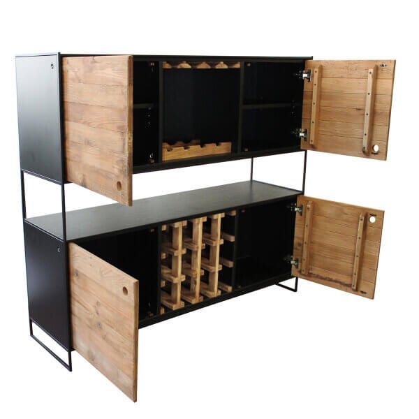 Credenza industrial con portabottiglie in pino riciclato – PINE