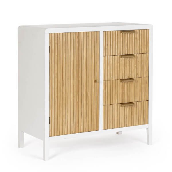 Credenza un'anta 4 cassetti Bianca Naturale - CHARLOTTE