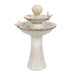 Fontana da giardino beige con uccellini H68 con LED - LUNARA