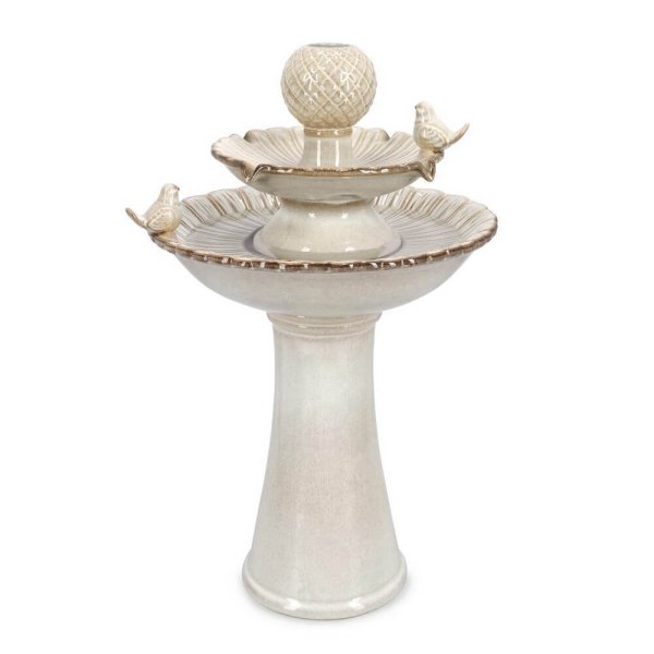 Fontana da giardino beige con uccellini H68 con LED - LUNARA