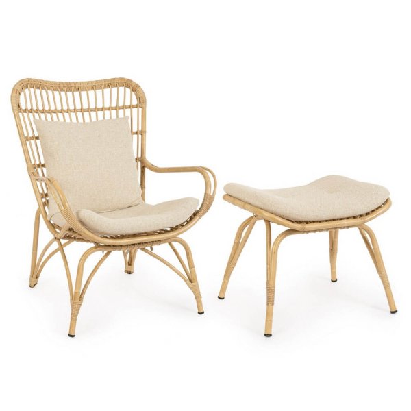 Poltrona Lounge con Poggiapiedi in Rattan Marrone Boho - FLOWER