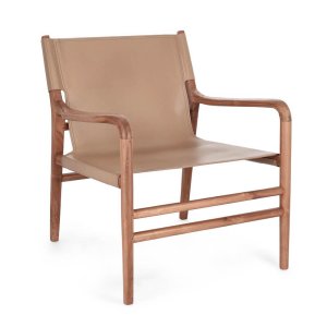 Poltrona Lounge con braccioli in teak e vera pelle - PENELOPE