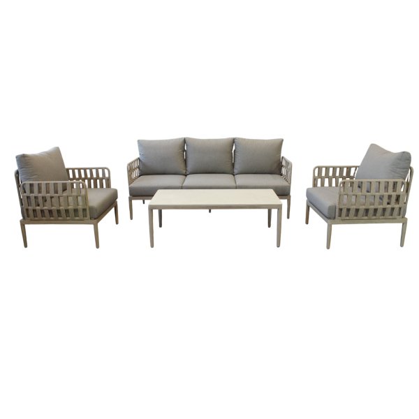 Salotto da giardino 5 posti in Alluminio con cuscini - TEO - Effetto Legno