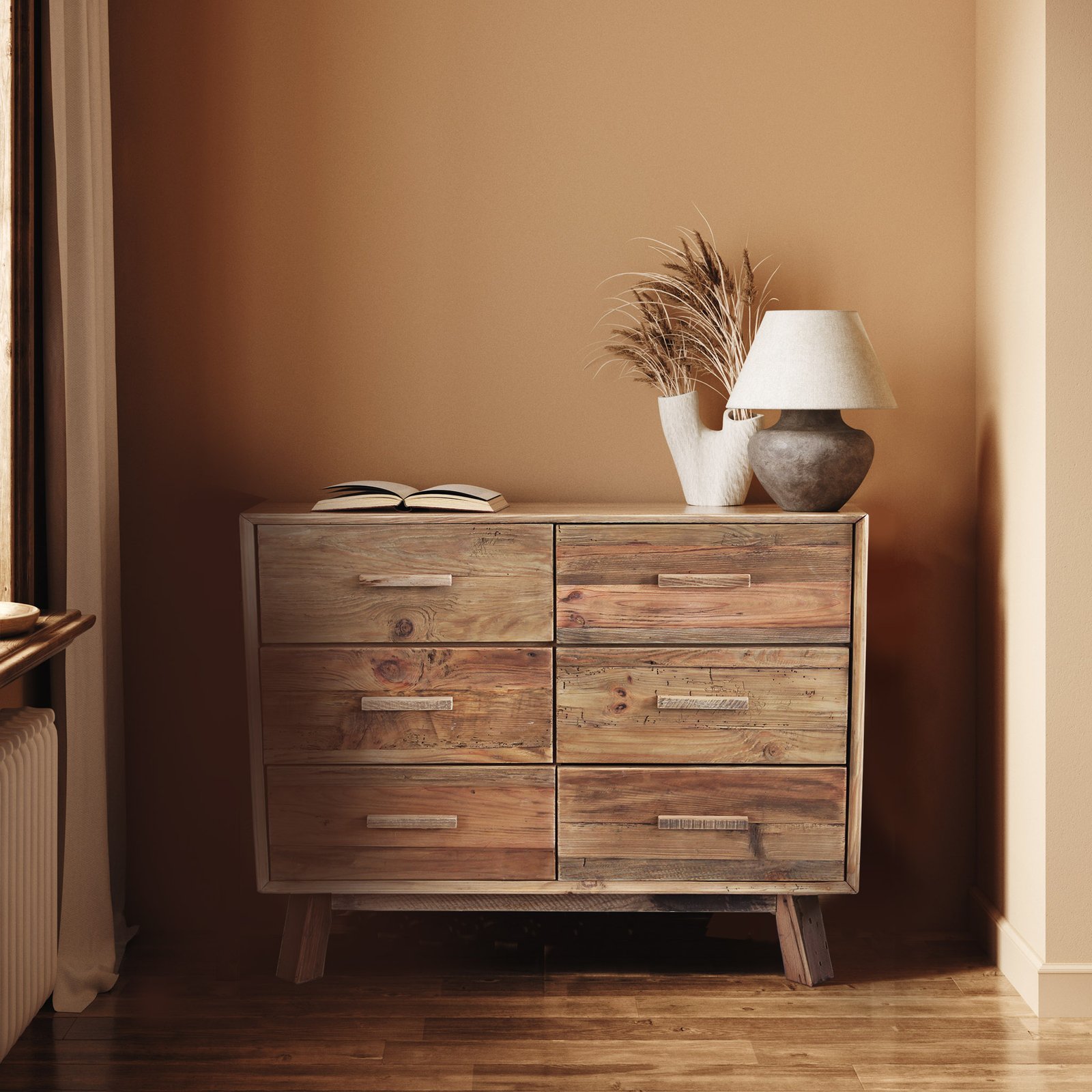 Wall mockup in home interior, living room in brown warm color, 3d render