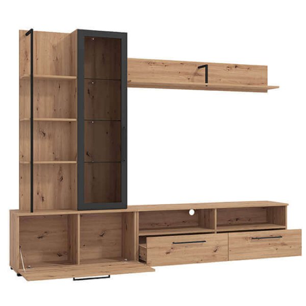 Alternative view of parete attrezzata con anta vetrina e due cassetti moderna minimal in legno cm 229 5 x 35 x 182 5 h - GRACE
