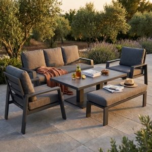 Salotto da giardino in alluminio con divano 190x80 cm e tavolo regolabile 150x90 - YORUNDOR
