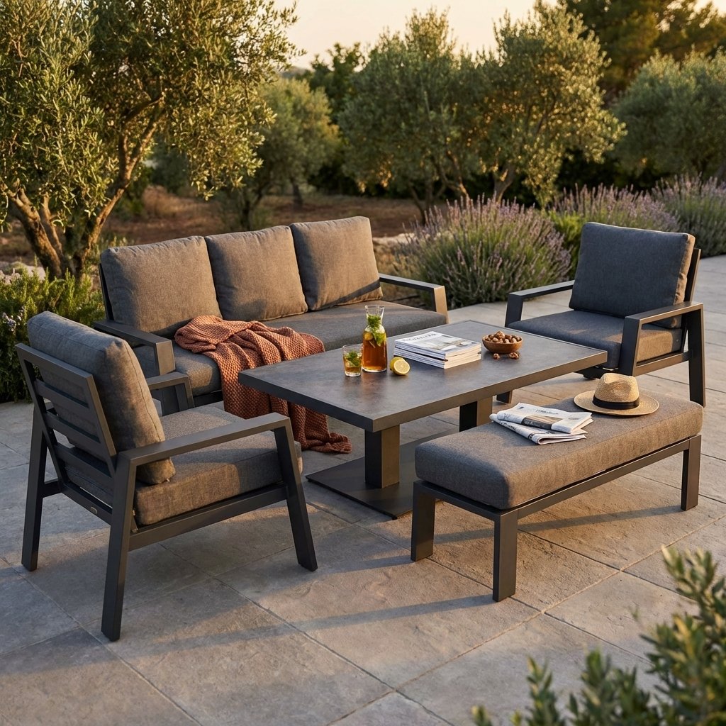 Salotto da giardino in alluminio con divano 190x80 cm e tavolo regolabile 150x90 - YORUNDOR