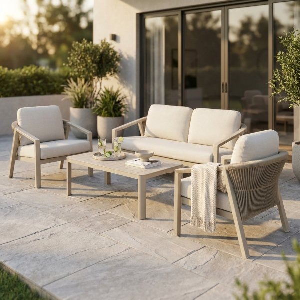 Salotto da giardino 4 posti in alluminio beige con cuscini 180x78x83 cm - WILAMOND