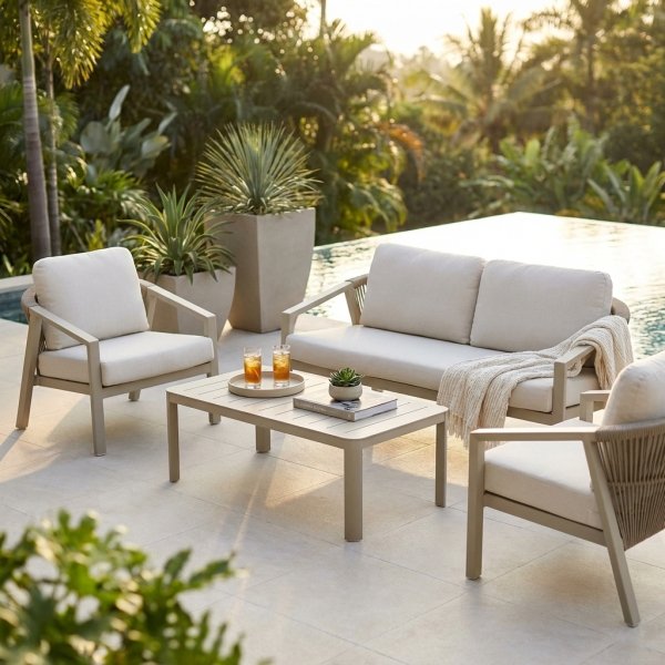 Salotto da giardino 4 posti in alluminio beige con cuscini 180x78x83 cm - WILAMOND